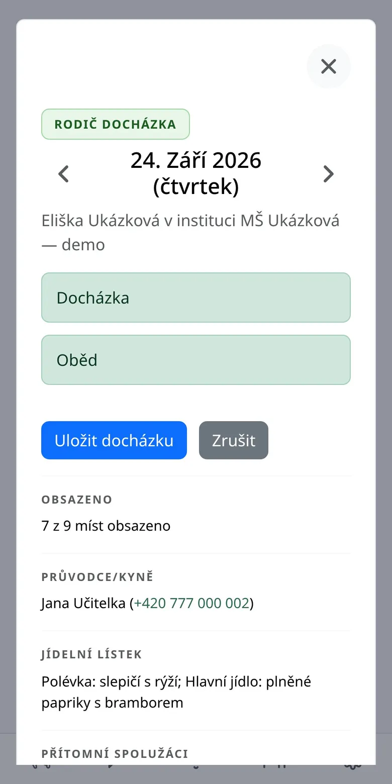 Detail dne: docházka, oběd, obsazenost a jídelníček