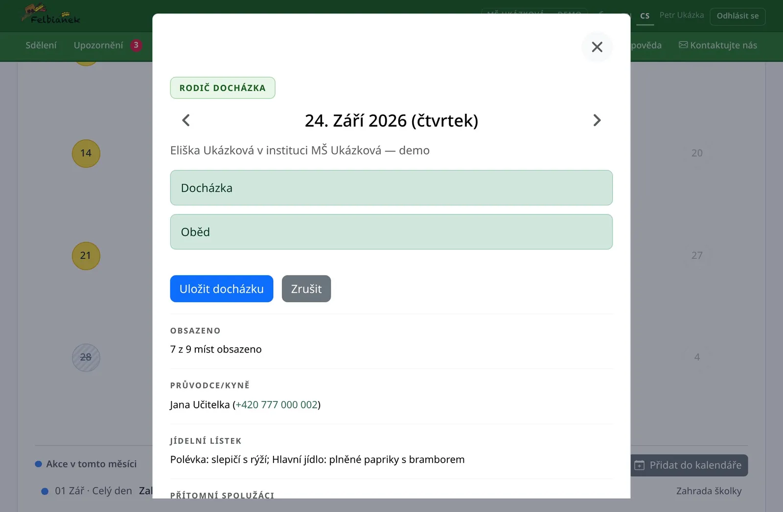 Detail dne: docházka, oběd, obsazenost a jídelníček