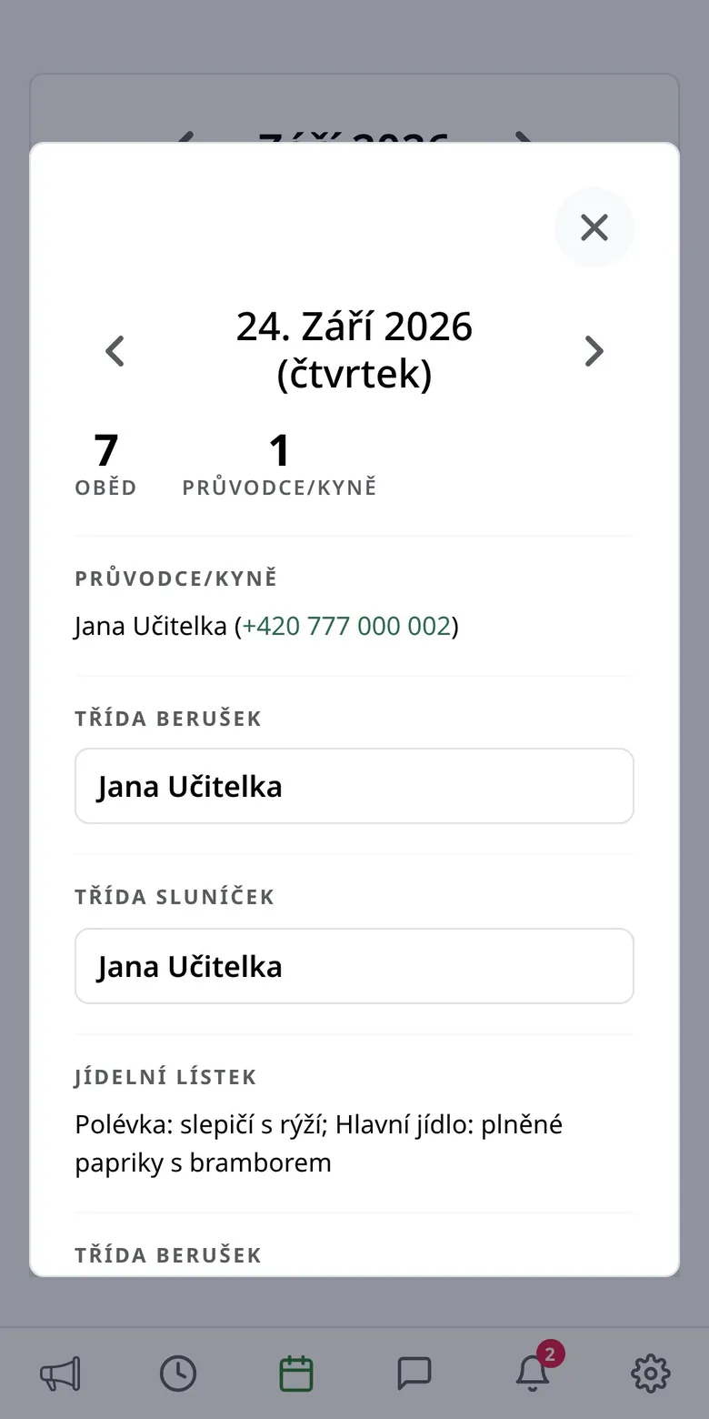 Detail dne se službami a počty dětí