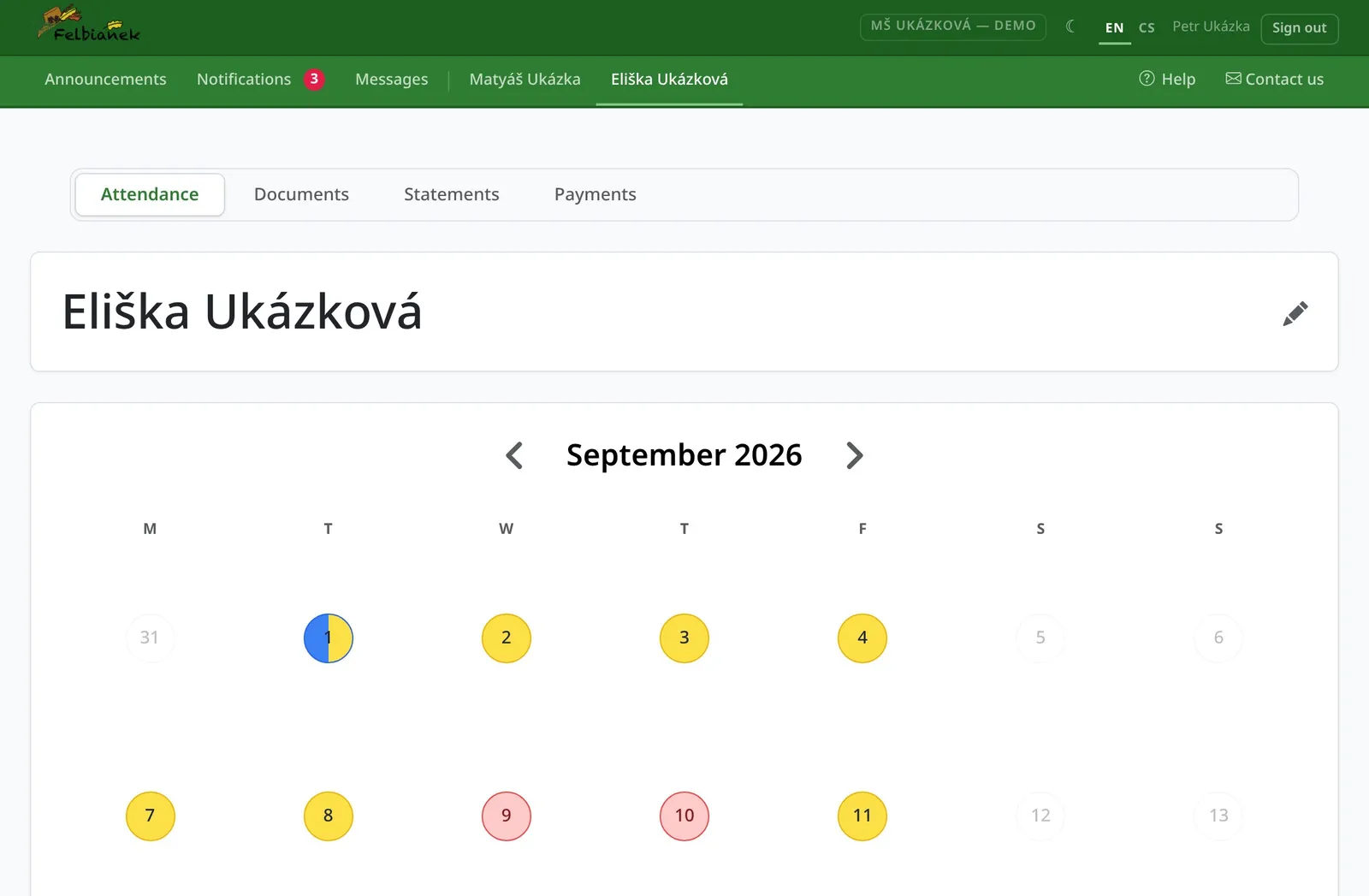 A child's calendar with colour-coded days